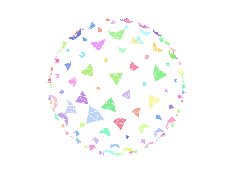 基于canvas绘制圆形球体上面密集的彩色三角花图形旋转动画
