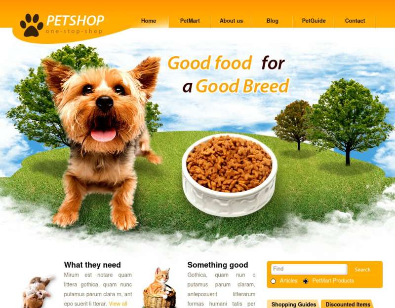 黄色精美的宠物用品购物网站模板，商城模板下载