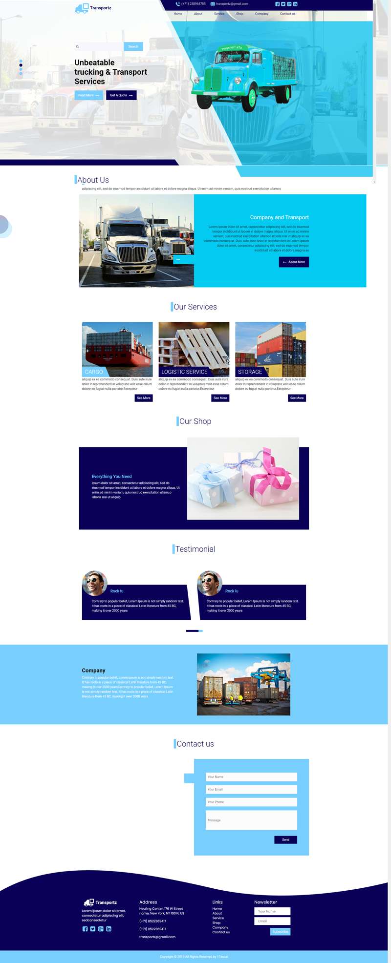 运输服务网站建设模板，蓝色物流公司网页设计