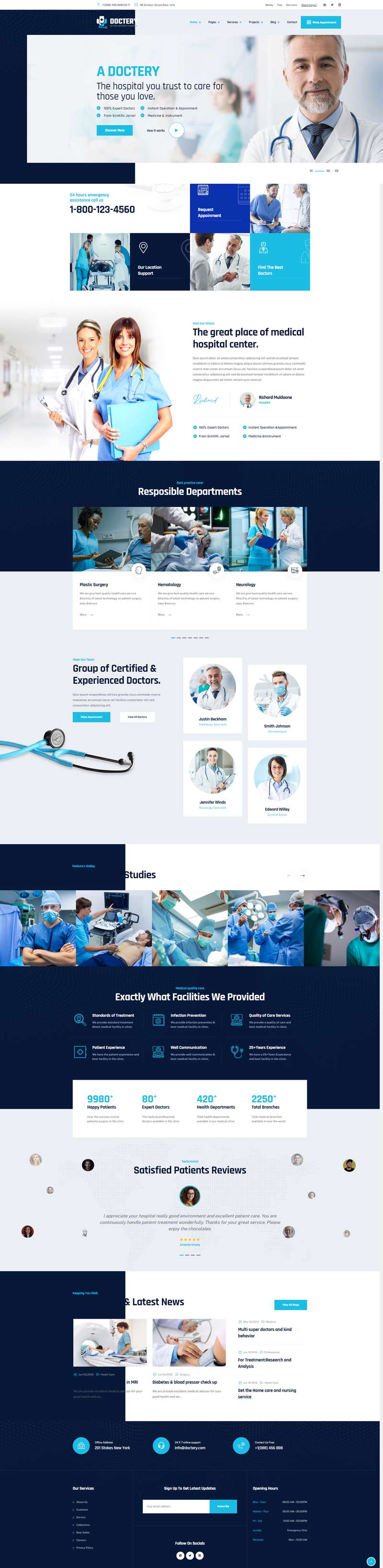 医疗保健网页设计，蓝色清爽医院网站模板