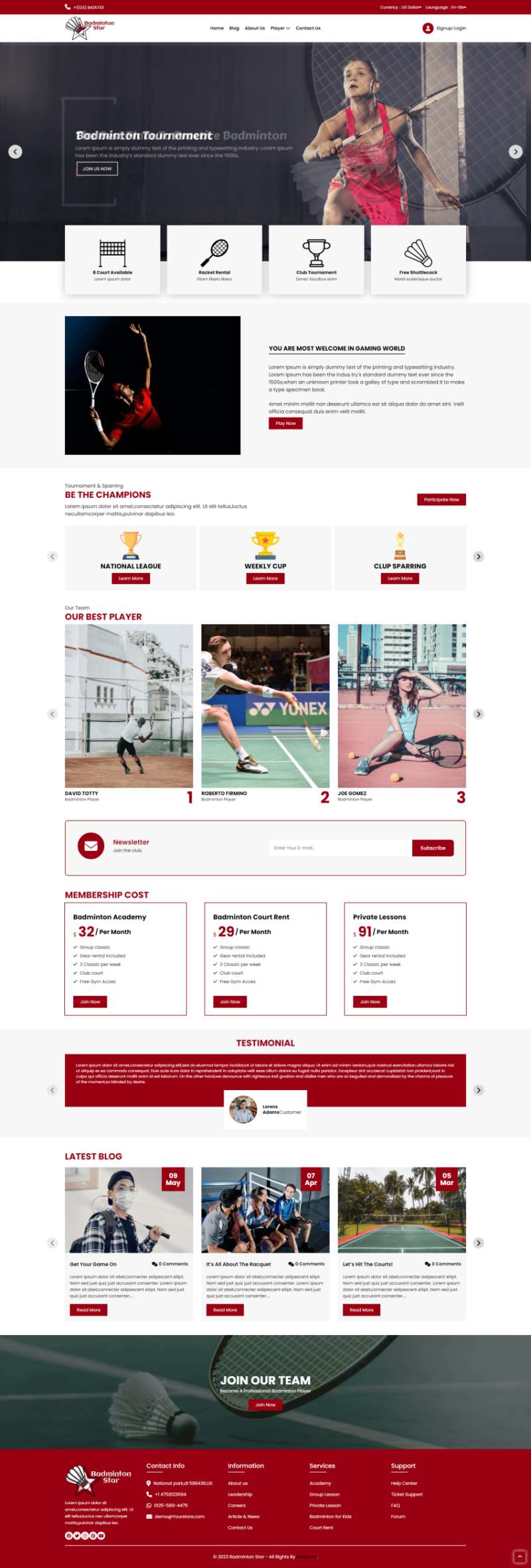 运动网站设计，羽毛球网页制作模板