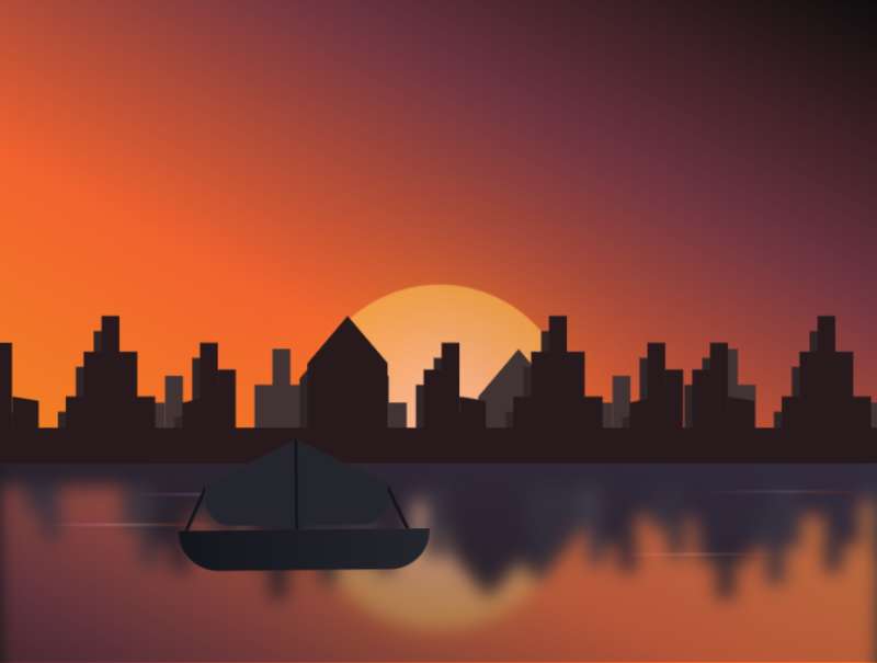 落日动态图片素材下载，精美城市插画设计