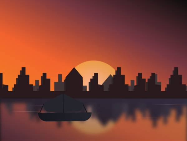 落日动态图片素材下载，精美城市插画设计