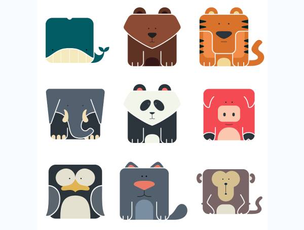 一组可爱创意正方形的动物表情图标素材