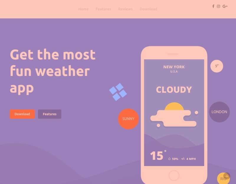 蓝色的天气预报app手机软件介绍网站模板
