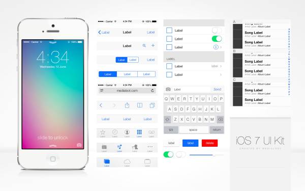 白色扁平风格的ios7 iphone ui界面设计工具包psd下载