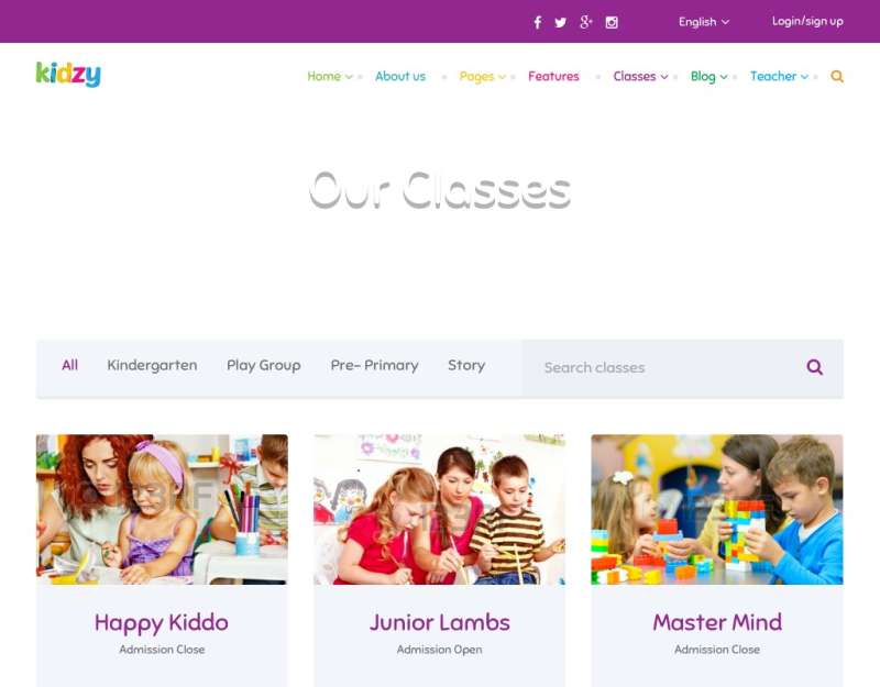 紫色卡通风格的儿童教育培训网站模板下载