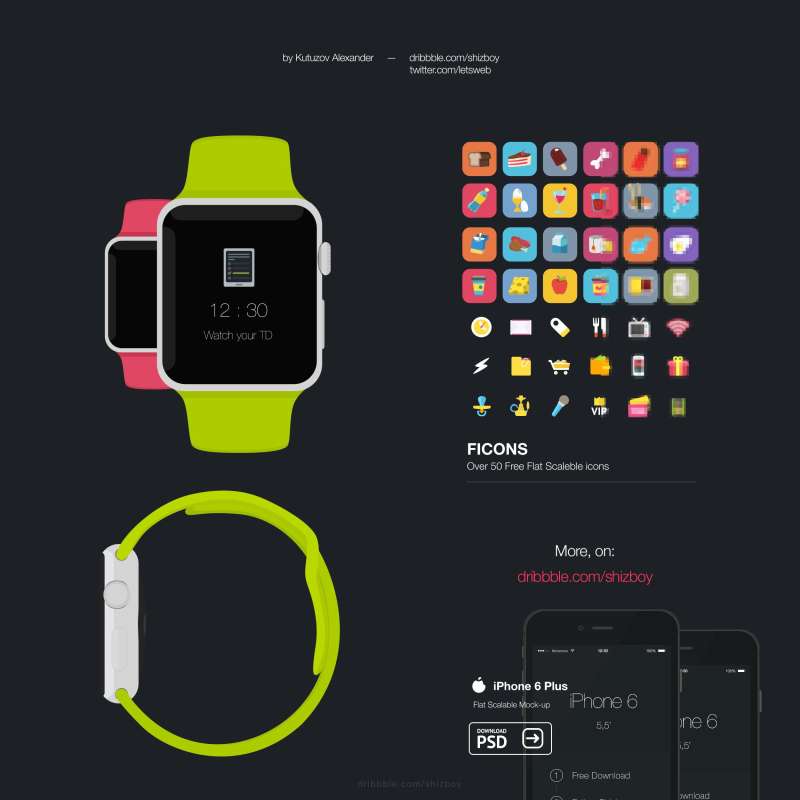 扁平化设计风格apple watch智能手表UI界面设计素材下载