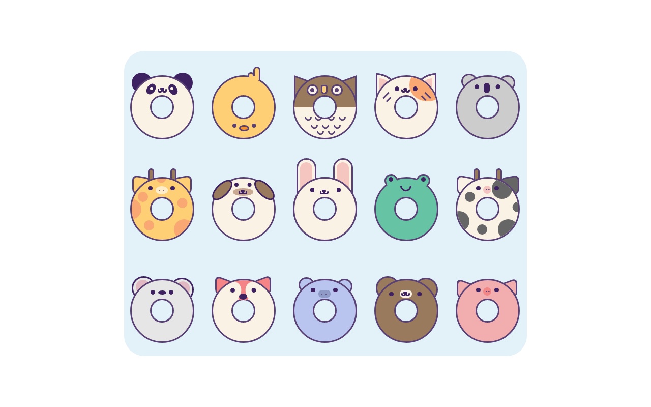超萌的卡通版動物甜甜圈圖標合集