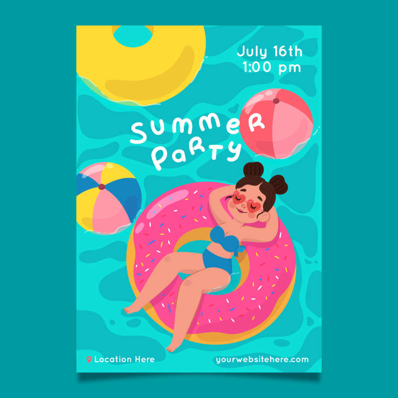 夏季海报素材内容，卡通插画海报，泳池派对海报素材
