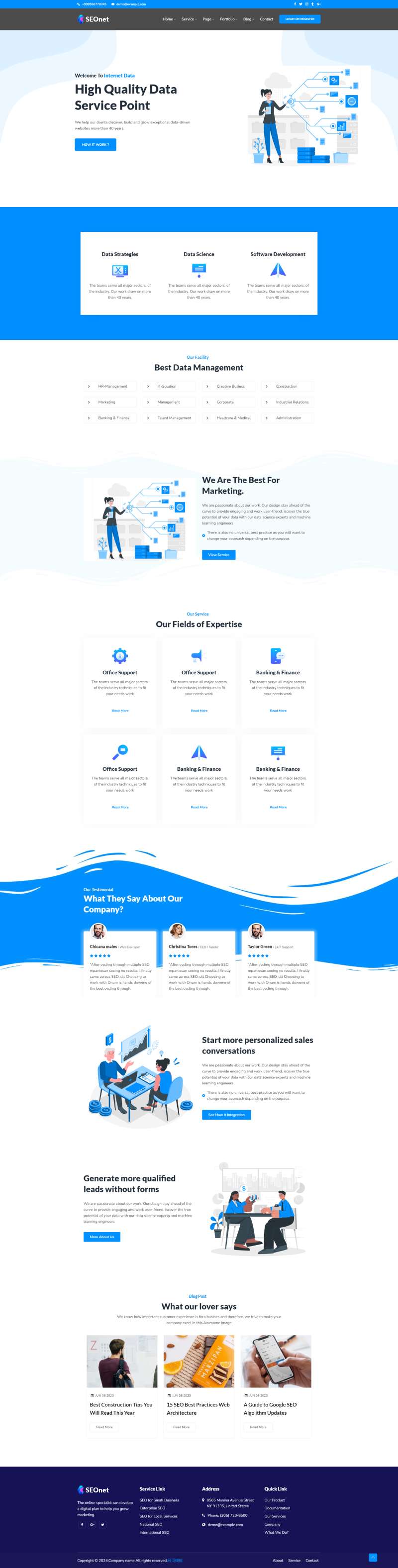 网站制作设计，蓝色互联网seo服务网页设计案例