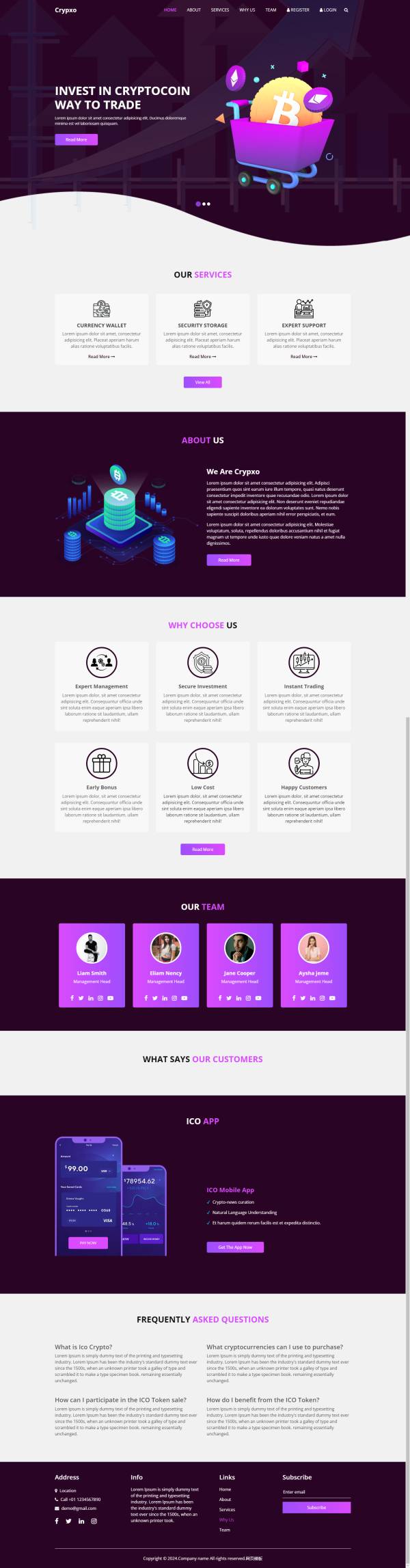 html5网页设计作业，紫色货币投资网页设计模板