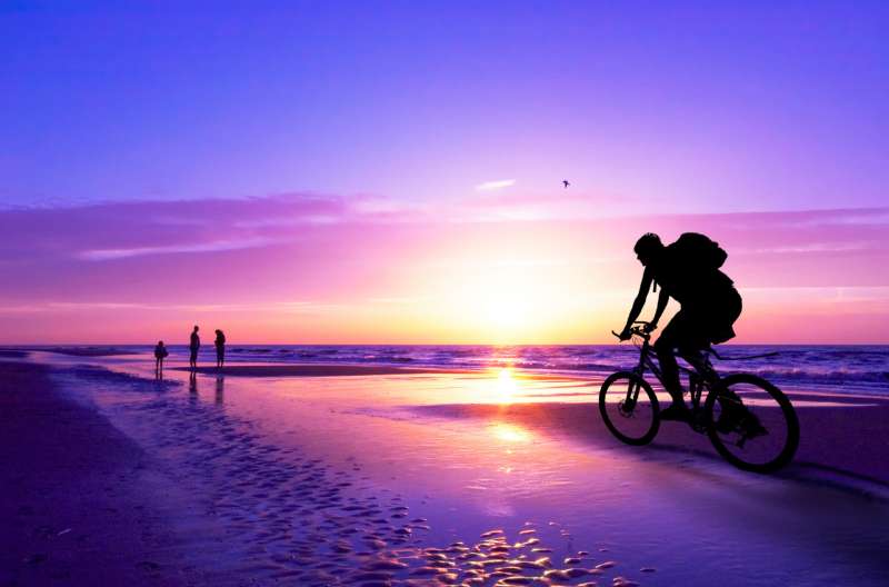 夕阳下沙滩背包骑单车人物背景图片素材
