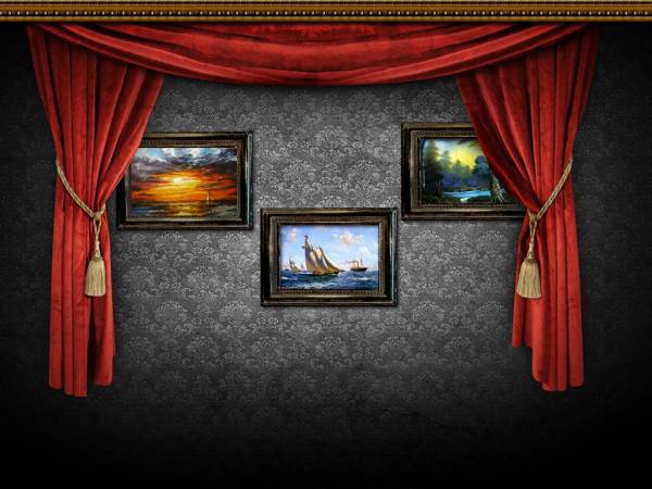 墙上拉开的幕布和图片相册框艺术长廊PSD分层素材下载