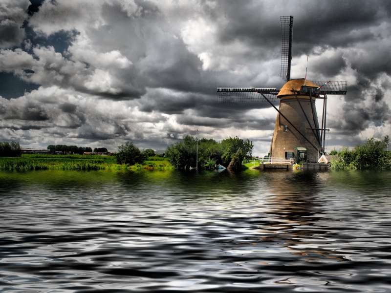 荷兰风车湖泊高清图片下载