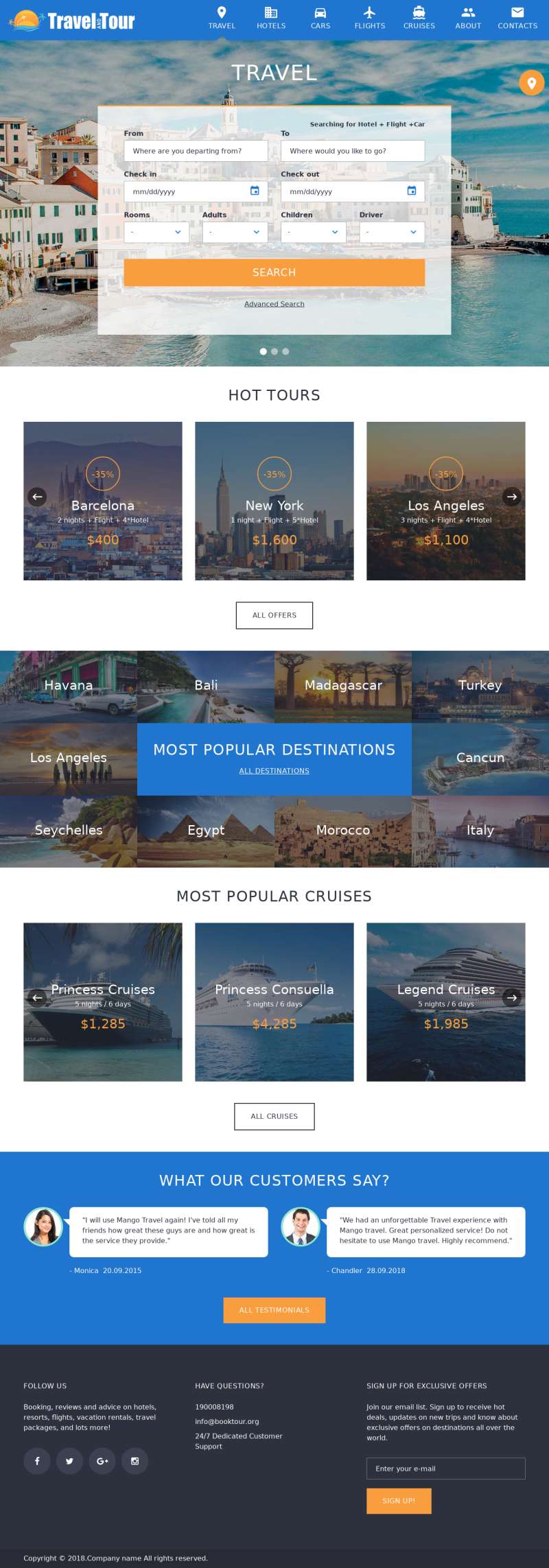 蓝色国外的旅游酒店机票一站式服务网站模板